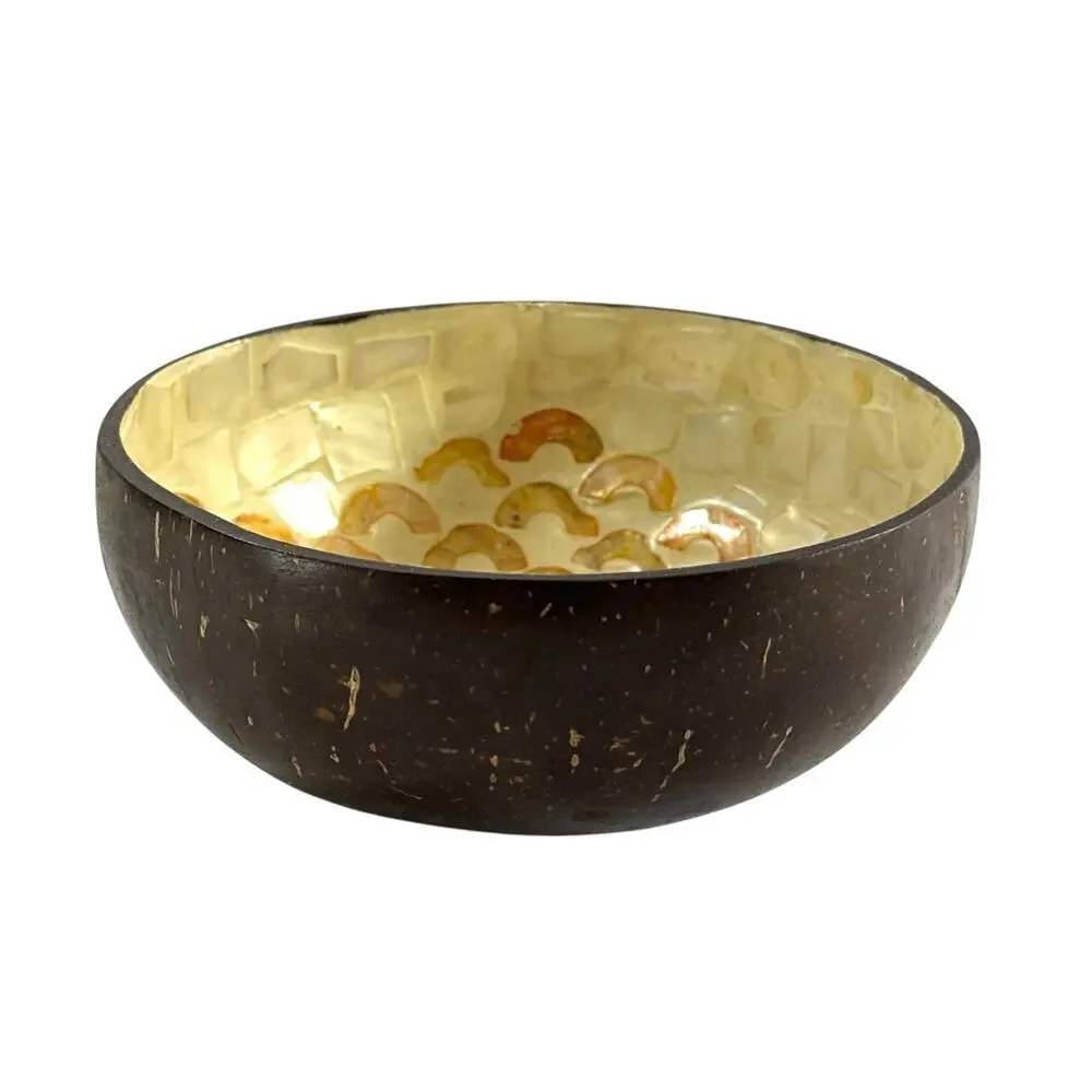 Coconut Shell Bowl Mother of Pearl Inlay Elephant Mosaic Handcrafted 5.25”